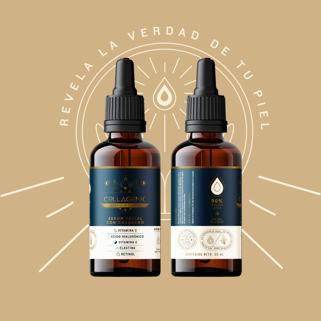 Collagenic | SerumAclarante y Antiedad 4 en 1| Vitamina C y Colágeno Hidrolizado 50 ml | Serum Facial facial| Adicional con Acido Hialurónico, Retinol, Vitamina E y Elastina | 60% más contenido