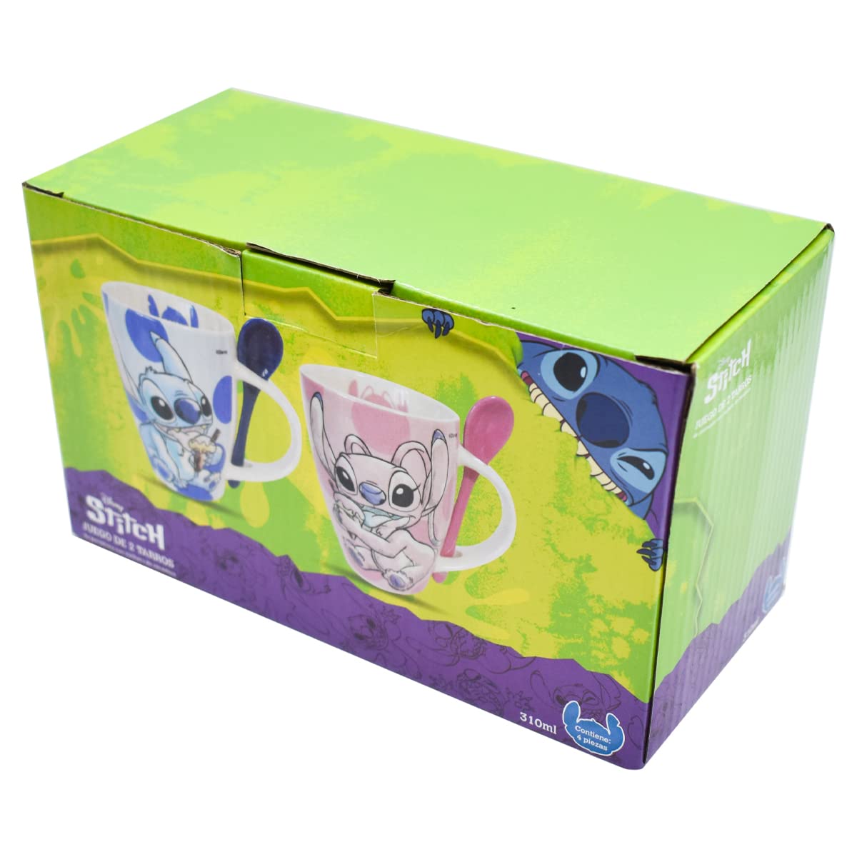 Fun Kids 1738-252 Set de Tazas para Pareja, Taza para Café, Té o Infusiones de Cerámica, Tarro Disney con Diseño Original Stitch y Angel con Cuchara y Caja de Regalo de 410 mililitros, Color Azul y Rosa