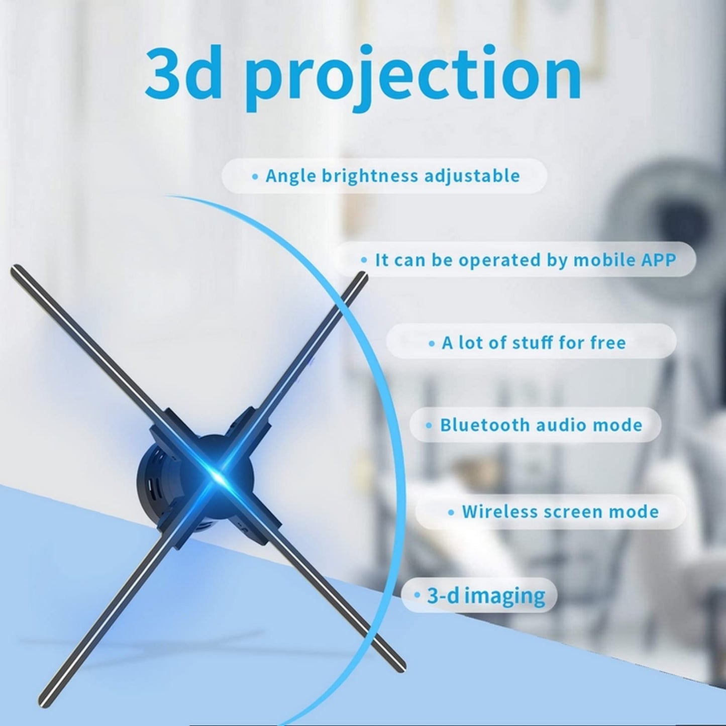 GIWOX - Ventilador LED con holograma 3D, proyector de video holográfico 3D, compatible con WiFi, aplicación de teléfono y tarjeta TF, holograma 3D, visualización de publicidad gráfica para