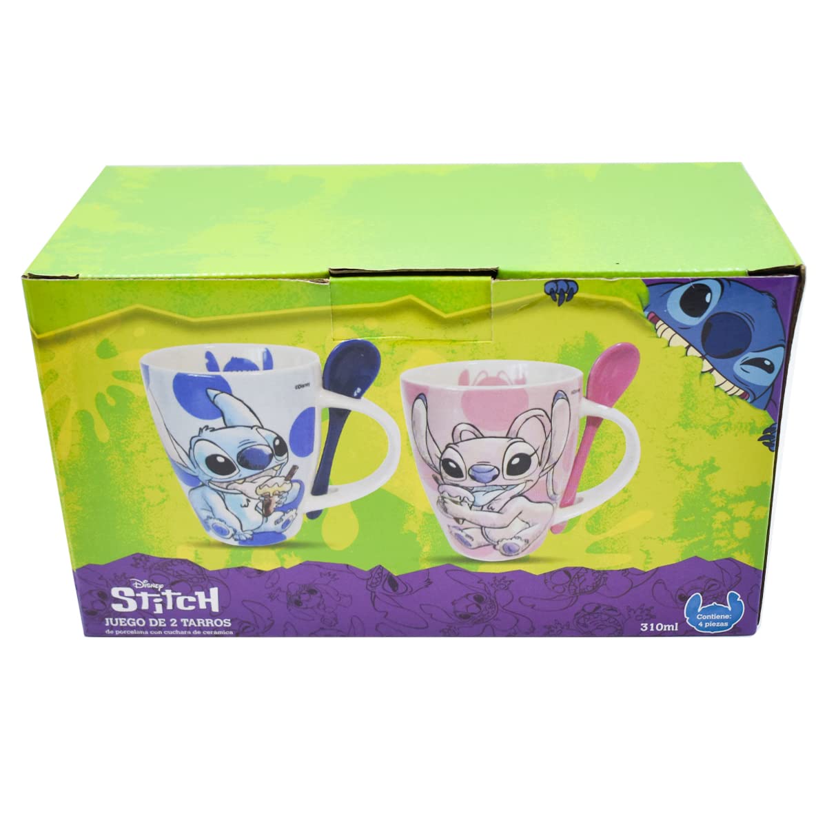 Fun Kids 1738-252 Set de Tazas para Pareja, Taza para Café, Té o Infusiones de Cerámica, Tarro Disney con Diseño Original Stitch y Angel con Cuchara y Caja de Regalo de 410 mililitros, Color Azul y Rosa