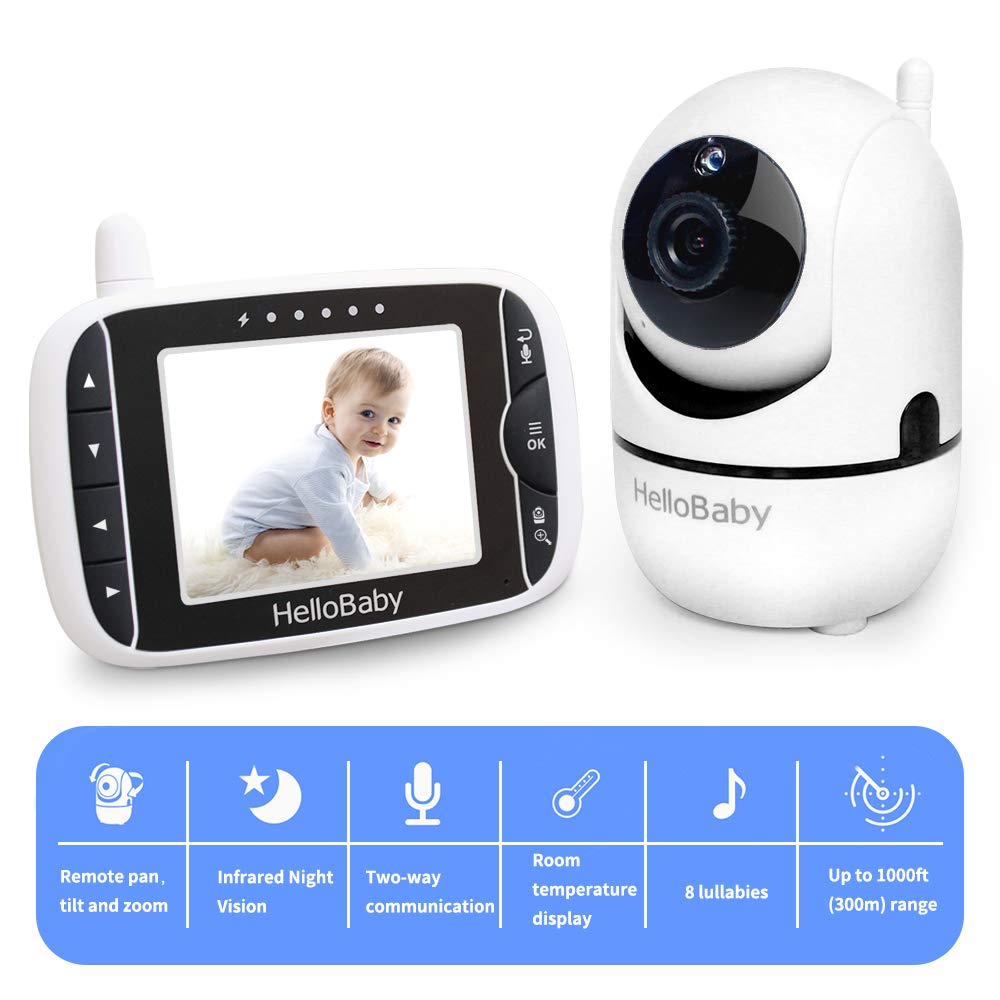 HelloBaby Video Baby Monitor with Remote Camera Pan-Tilt-Zoom, 8.1cm Colour LCD Screen, Infrared Night Vision, Temperature Display, Lullaby, Two Way Audio, with Wall Mount Kit