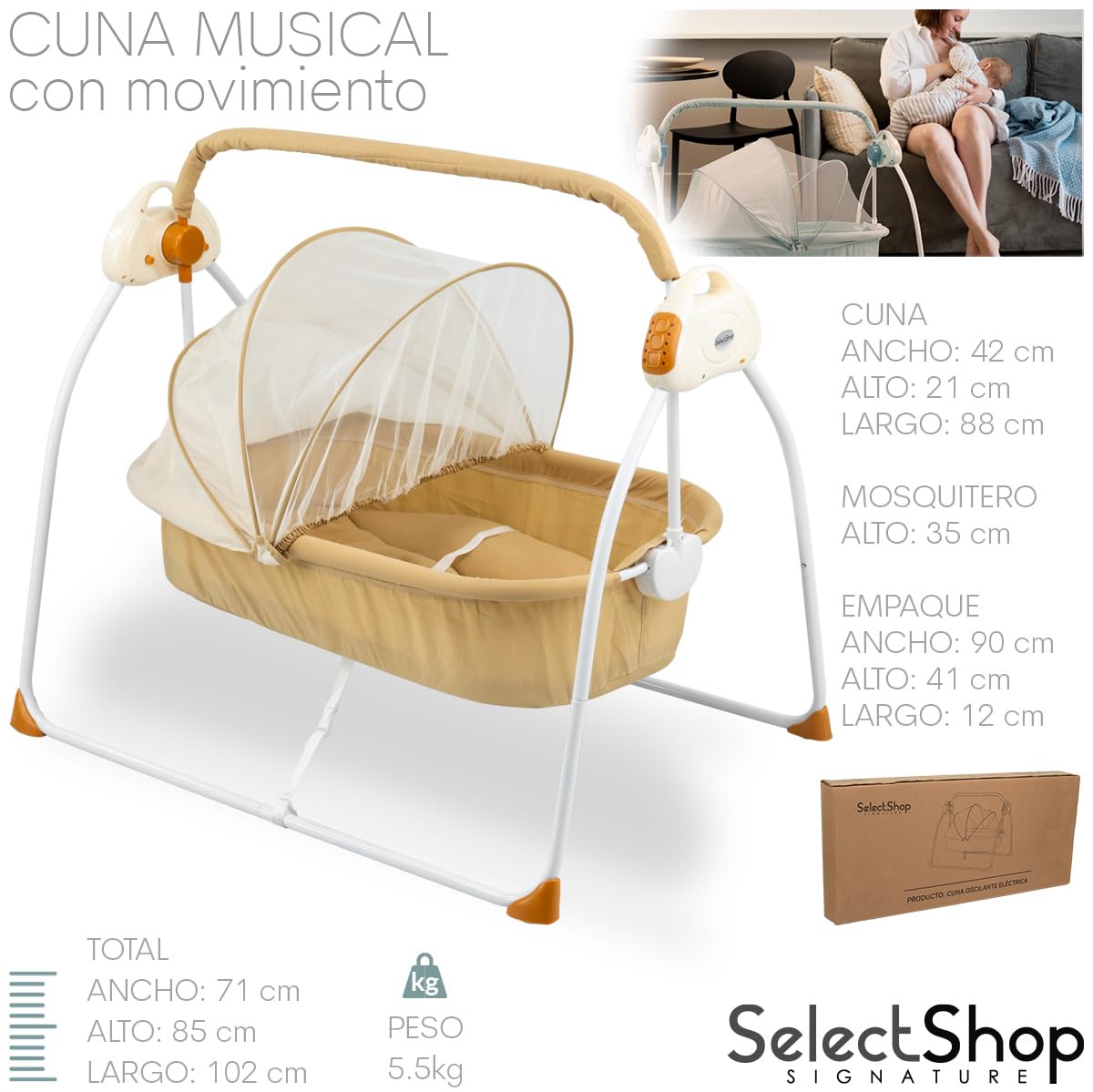Cuna Mecedora Eléctrica SELECTSHOP Café para Bebé
