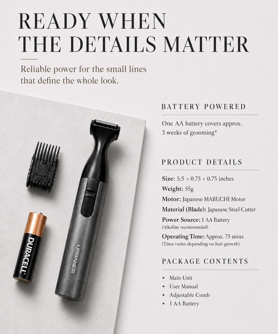 URBANER - Cortadora de bigote para hombres, bonificación por tiempo limitado: obtén una cuchilla extra para cortar nariz y oídos, motor japonés, impermeable, ligero que funciona con pilas