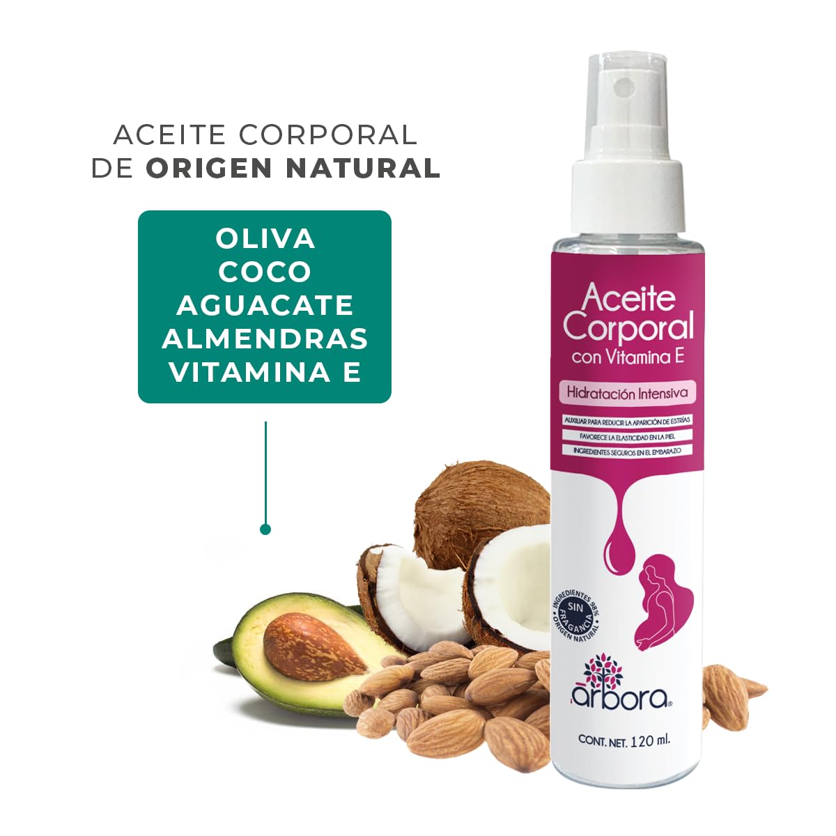 Árbora Aceite corporal para Estrías | Vitamina E + Aceite de Almendras, Aguacate, Coco y Oliva|HIDRATACIÓN INTENSIVA|Favorece ELASTICIDAD de la piel | Ingredientes seguros en embarazo | 120ml
