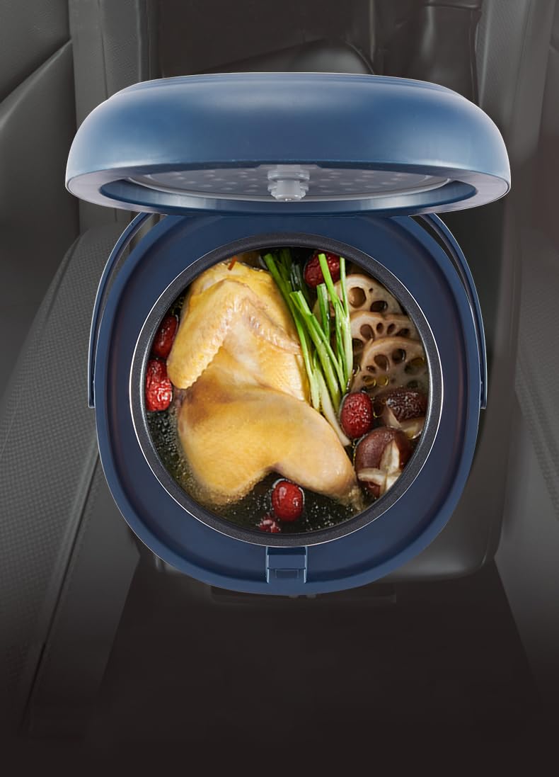 AMIEROUS Mini olla de arroz portátil de viaje, 2 l para coche/camión/hogar, 12 V/24 V/110 V con bandeja de vapor (azul)