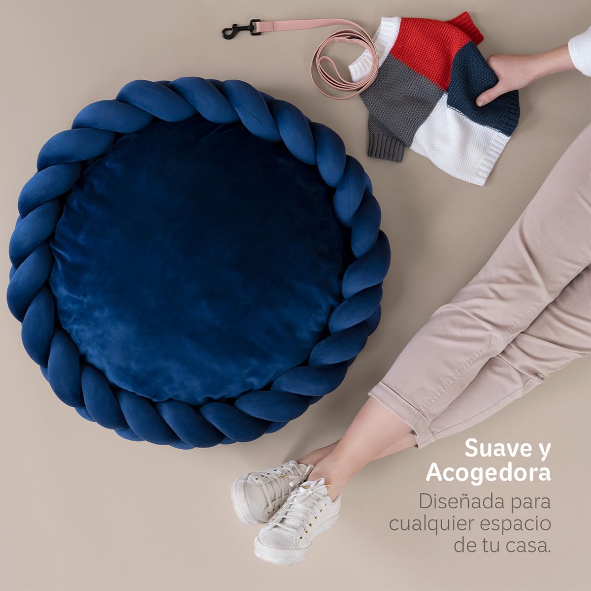 Cama Redonda Esquimal Azul Marino Mediana Trenzada y Lavable para Perro y Gato