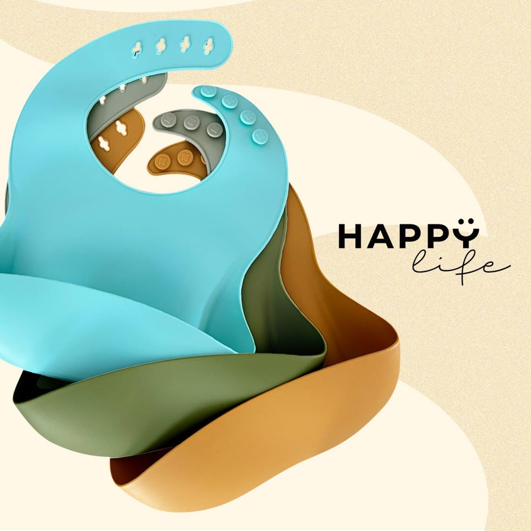 HAPPY LIFE baberos para bebe de silicona suave grado alimenticio, set 3 baberos impermeables, BPA FREE, para alimentacion complementaria de bebé (niña I niño)