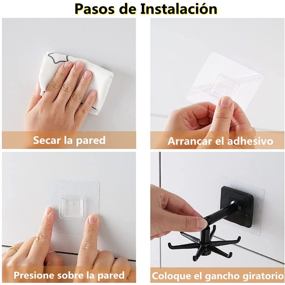 Gancho Plegable Giratorio de 360 Grados,Gancho Giratorio de Cocina de 4 Piezas,Gancho Multiusos para Colgar Utensilios,Gancho Autoadhesivo con 6 Ganchos,Gancho Vertical de 180 Grados (Negro)