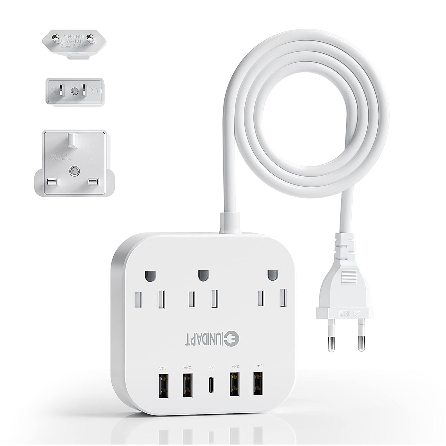Adaptador de Enchufe Europeo Unidapt Blanco con USB C y 4 Puertos USB, Extensión de 5 Pies