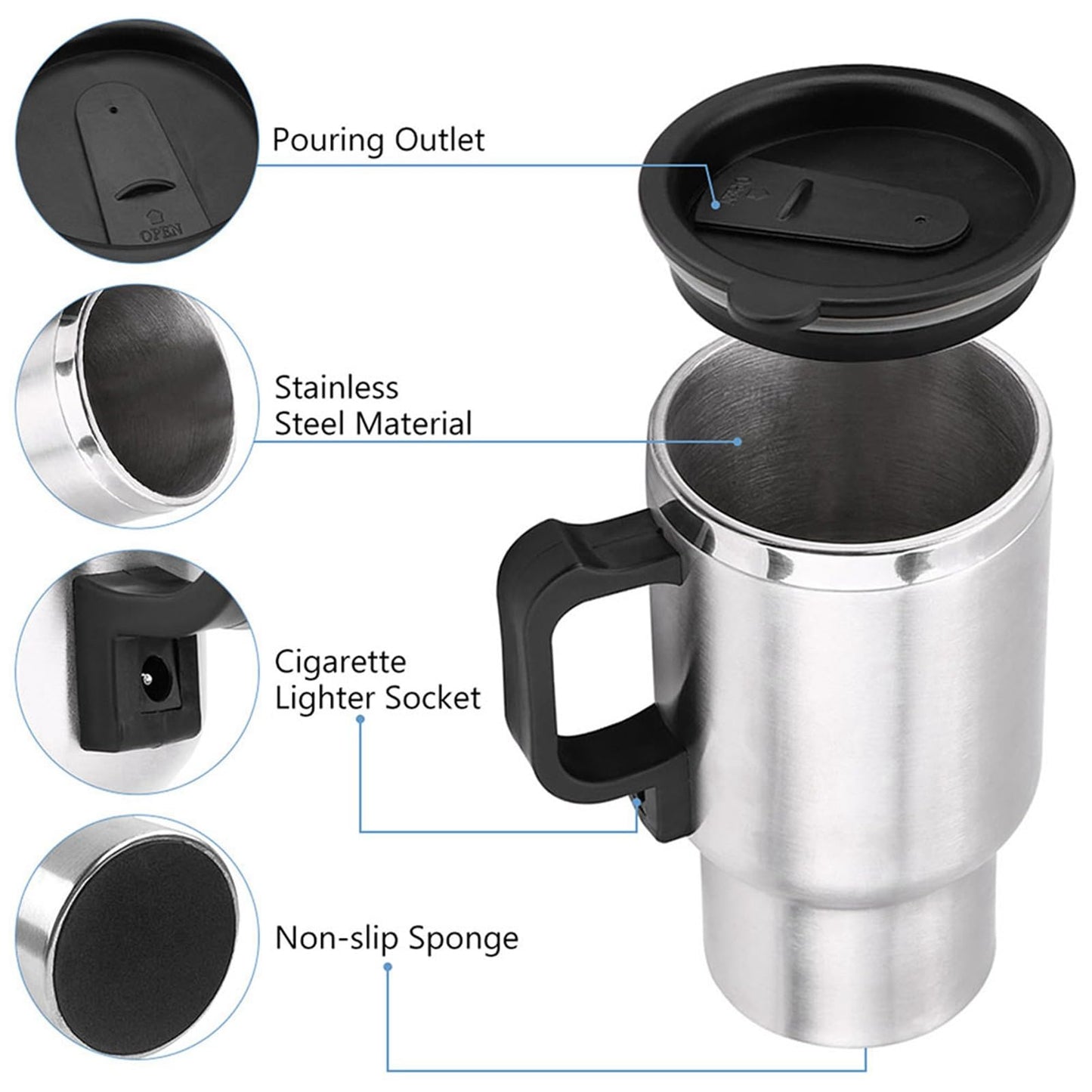 Calentador de Taza para Coche, 450ml Acero Inoxidable Con Cable Encendedor 12V, Taza Aislante Térmica Con Termostato para Casa y Viajes al Aire Libre