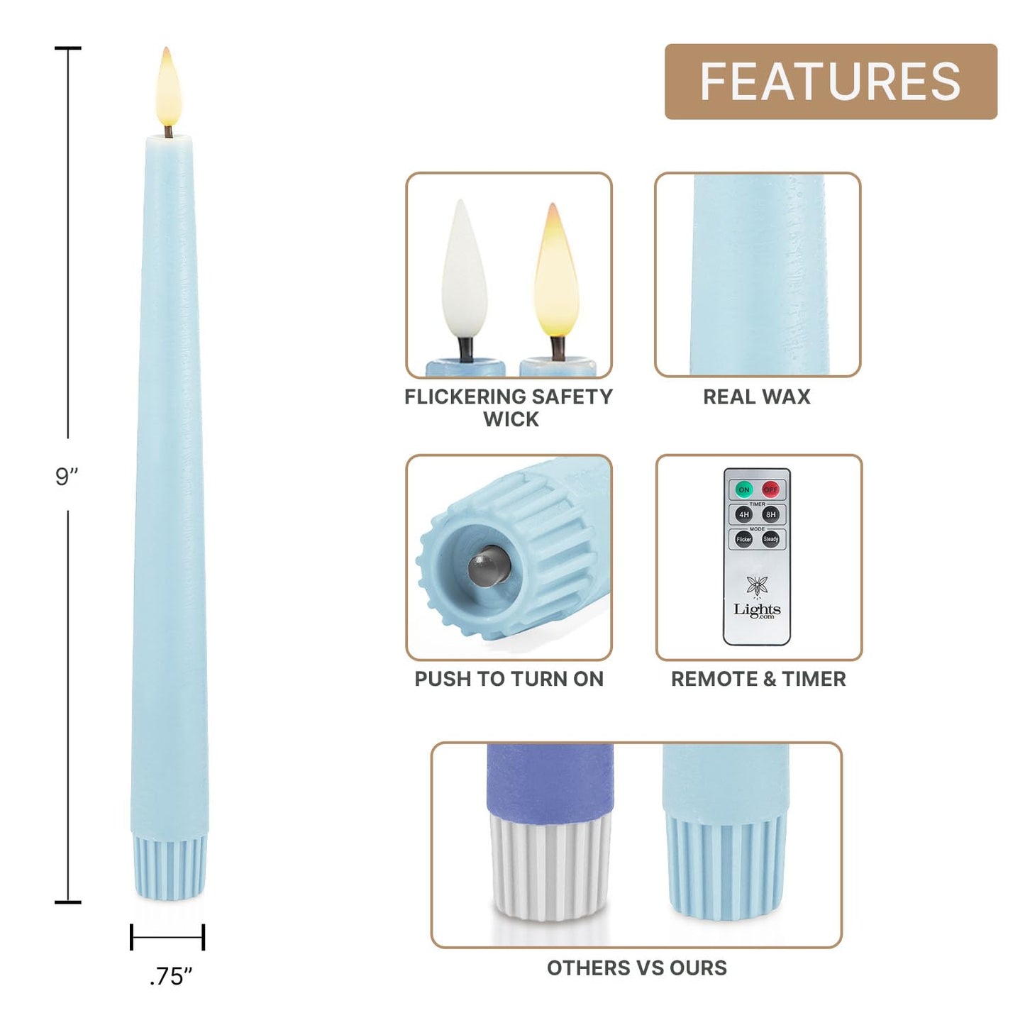 LampLust Velas cónicas sin llama, 9 pulgadas, paquete de 6, candelabros pastel multicolor con llama parpadeante LED, cera real, baterías y control remoto incluidos, velas sin llama, decoración de