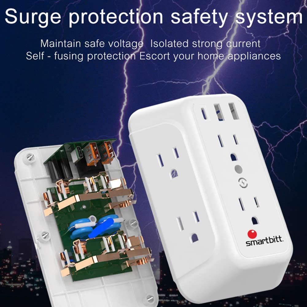 Supresor de Picos de Voltaje Smartbitt Negro con 6 Contactos, 2 Puertos USB Tipo A y 1 Puerto USB Tipo C