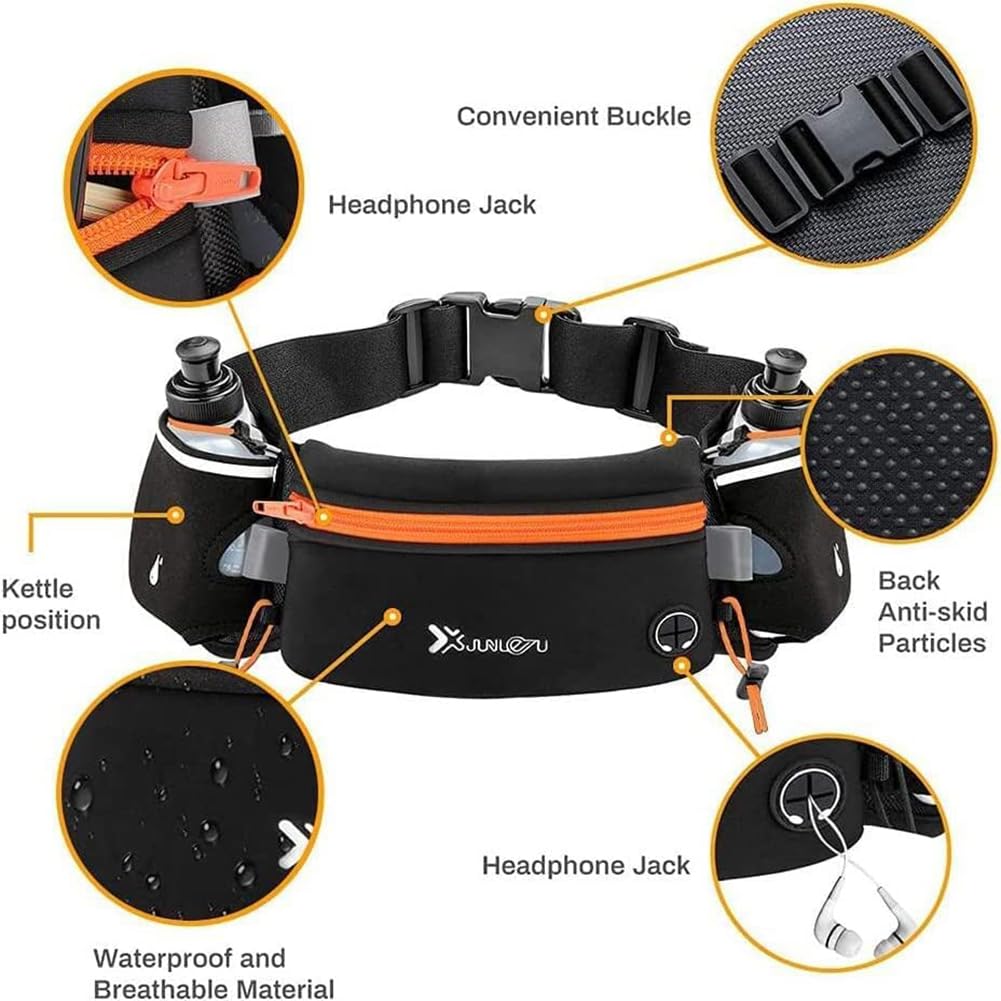 Cangurera Deportiva, Cangureras para Correr 2 Botellas de Agua, Cinturón para Correr Unisex, Riñonera Deportiva Ajustable con Bolsillos para Auricular y Teléfono, Cangurera Running para Aire Libre