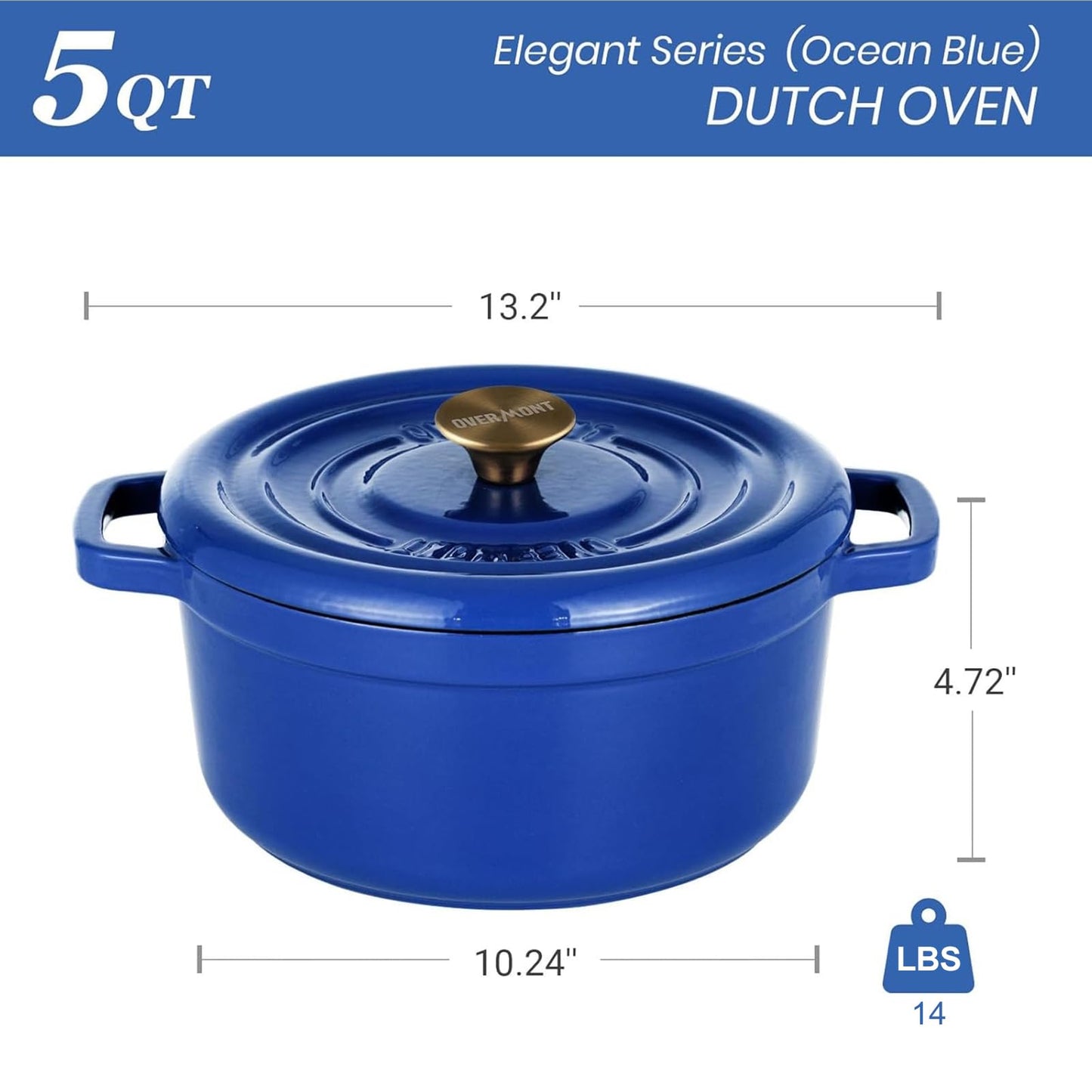 Overmont - Horno holandés de hierro fundido esmaltado de 26 cm, olla de 5 litros con tapa y agarraderas de algodón, utensilios de cocina resistentes para estofado, guisos, asar, hornear pan, color