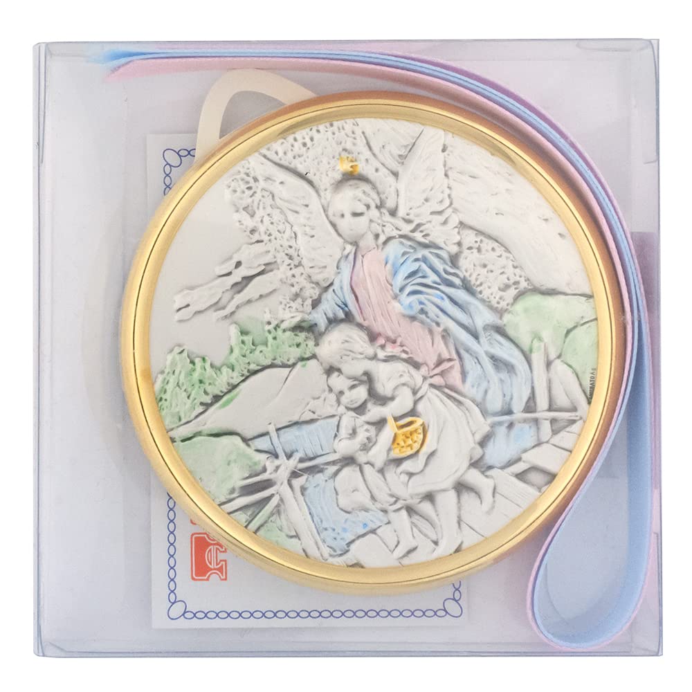 Medalla de ángel guardián guiando a los niños para cuna | Placa en tono plateado con anillo en tono dorado | Incluye cintas azules y rosas | Gran regalo católico para bautizo y bautizo | Decoración
