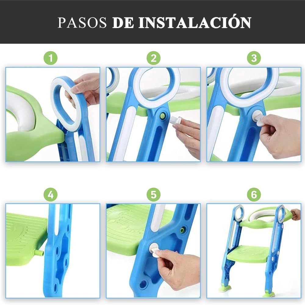 Baño Entrenador Niño, Asiento Entrenador para Baño con Tapizado y Escalera Antideslizante, Plegable Escalera para Baño Niños, Fácil de Guardar, Asiento Ergonómico, Edad de 3 a 10 Años, Verde Azulado