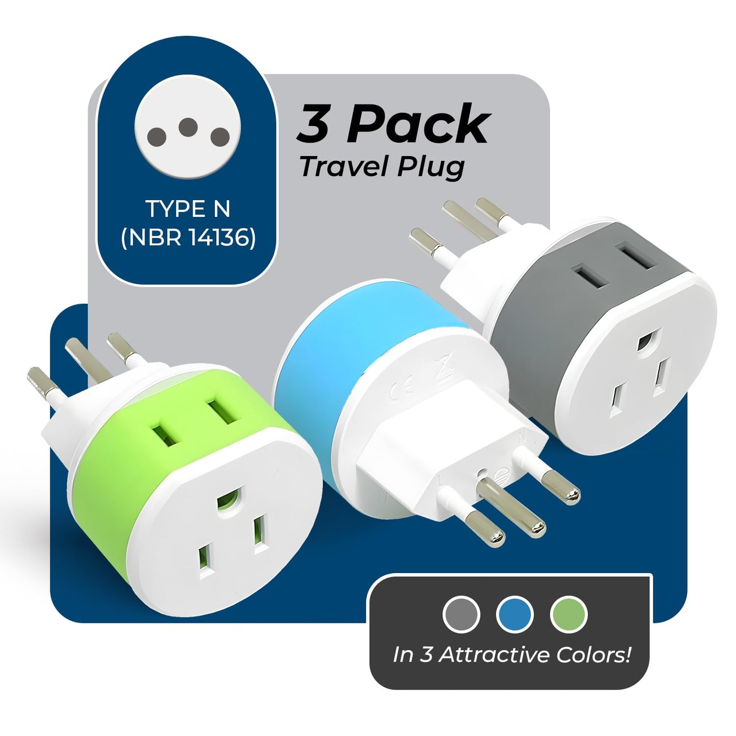 Adaptador de Enchufe de Viaje OREI Brasil Blanco Uso Seguro a Tierra 3 Unidades