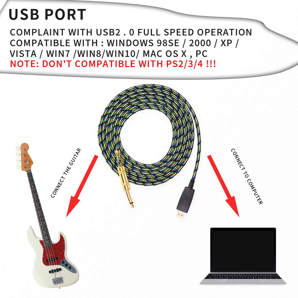 Cable USB YESPURE Negro 10 Pies para Guitarra Compatible con Windows y Mac OS