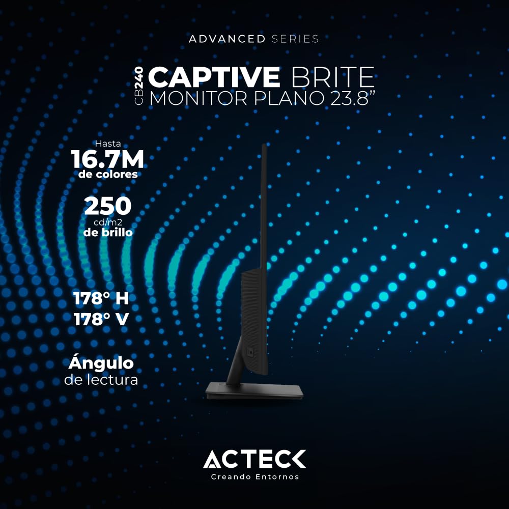 Acteck Monitor Plano 23.8" VA/Captive Brite CB240 / FHD / 75Hz / 5ms / 1xVGA / 1xHDMI / Vesa 100x100mm / Base Cuadrada Negro