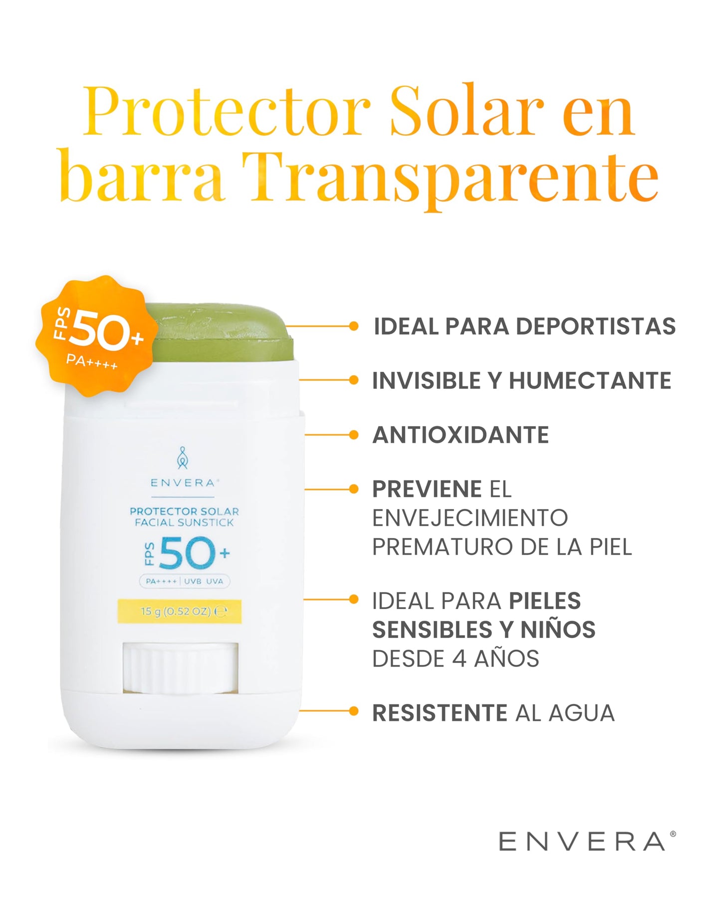 ENVERA | Protector Solar Facial y Corporal 3 en 1: FPS 50+ UVA/UVB, PA++++ | 15gr | Invisible, Humectante, Antioxidantes | Bloqueador Solar en Barra Hipoalergénico | Skincare Vegano