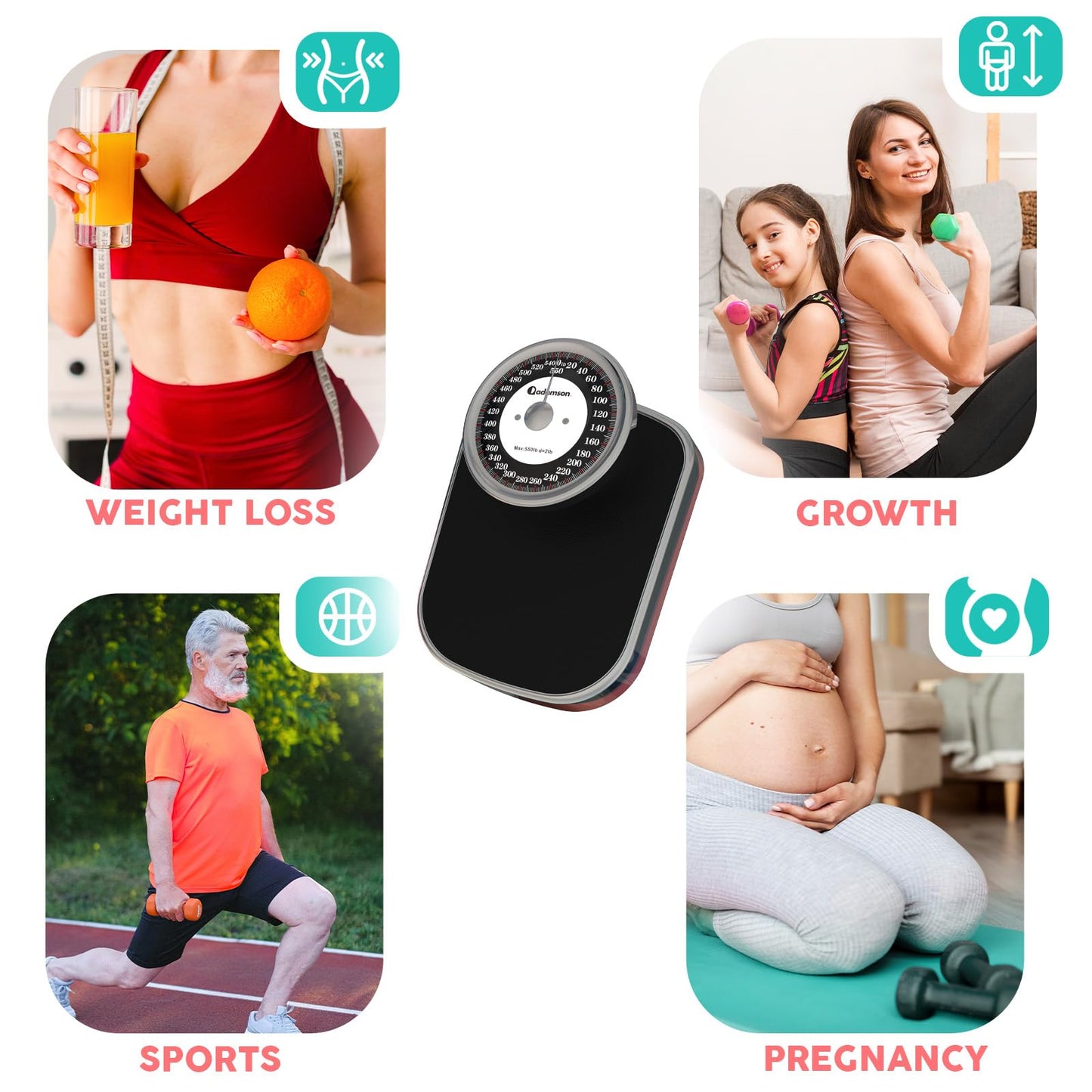 Adamson - Báscula de baño A28 - Hasta 550 libras, peso pesado, superficie de goma antideslizante, números extra grandes, básculas de pesaje de alta precisión para peso corporal, duradera con 20 años