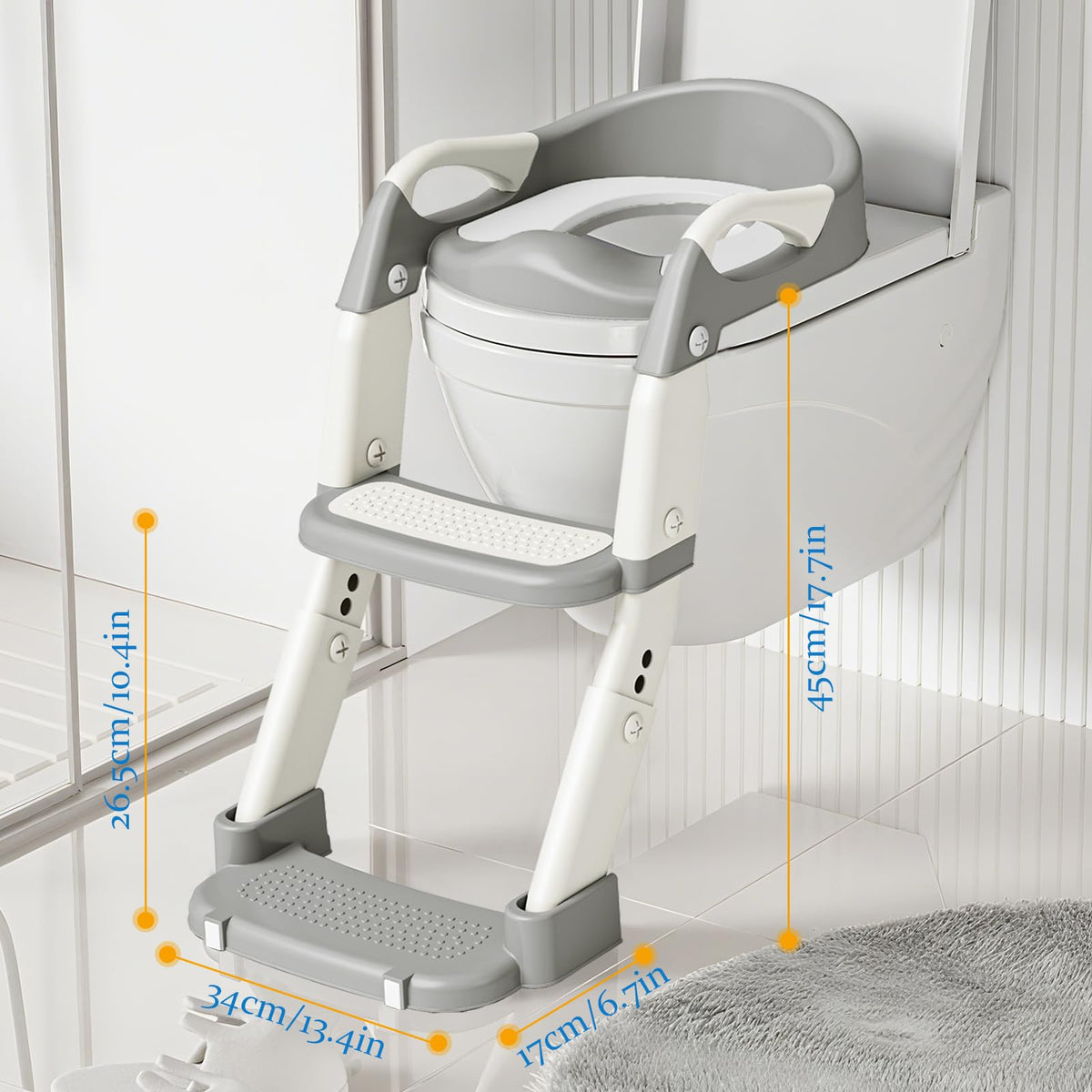 CUXFLS Asiento para Entrenamiento de Baño 3-en-1 para Niños Pequeños (Inodoro, Escalera, Ayuda para Agacharse) para Niños y Niñas con Cojín Desmontable, Anti-Salpicaduras y Diseño Plegable - Gris