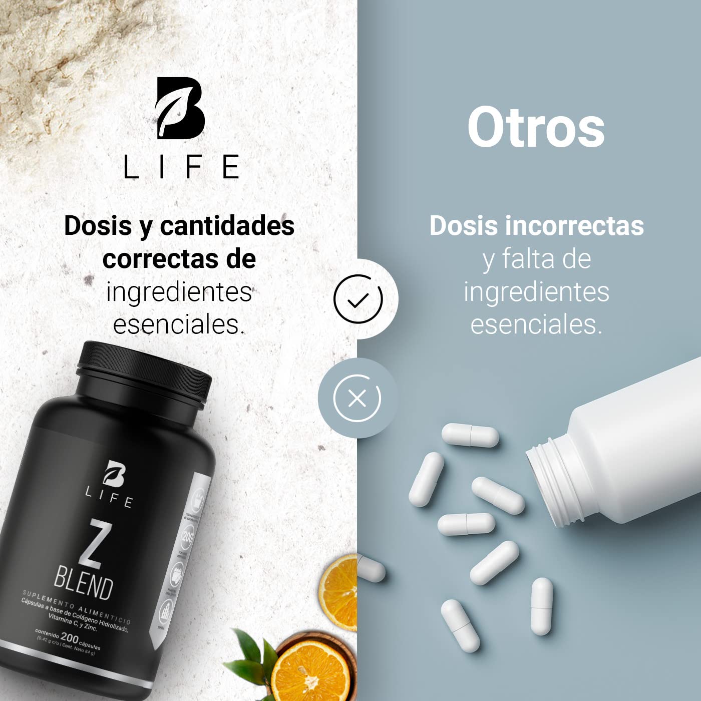 B Life Company Zinc de 200 Cápsulas. Ingredientes naturales: Zinc, Colágeno y Vitamina C. Z Blend