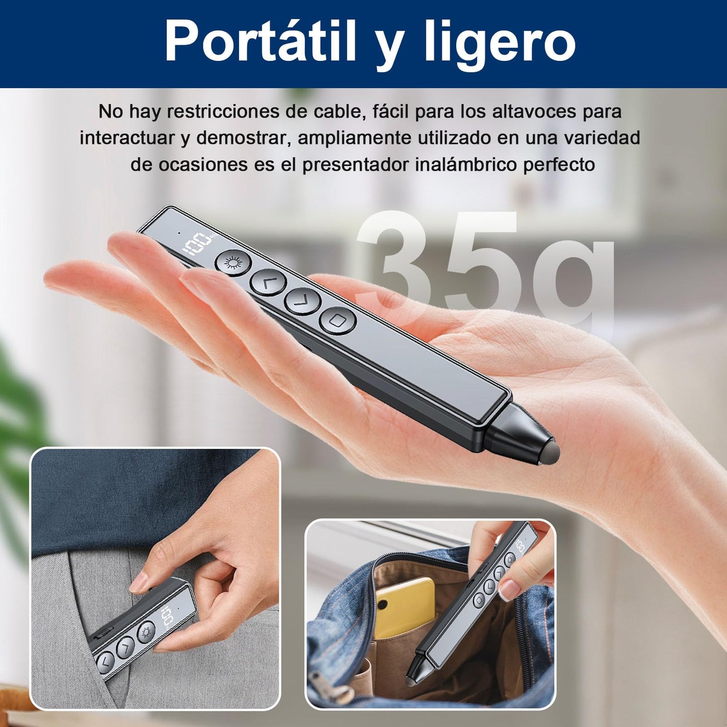BJLBOJEY Presentador Inalámbrico de Diapositivas, Presentador de Diapositivas para Presentaciones, Pasapáginas con Láser 100M, Pantalla LED de Potencia y Receptor USB para Windows, MacOS, Android