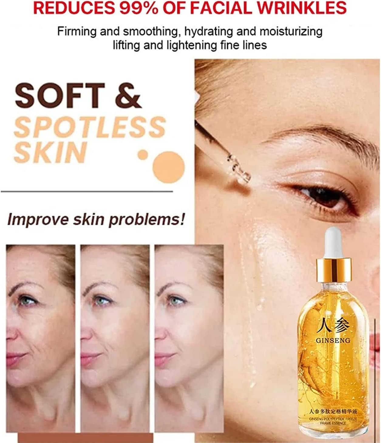 JitEm Ginseng Gold Polypeptide Anti-Ageing Essence, Ginseng Gold Anti Aging Moisturizer Face Serum, Ginseng Essential Oil, for Tightening Sagging Skin Reduce Fine Lines (A)