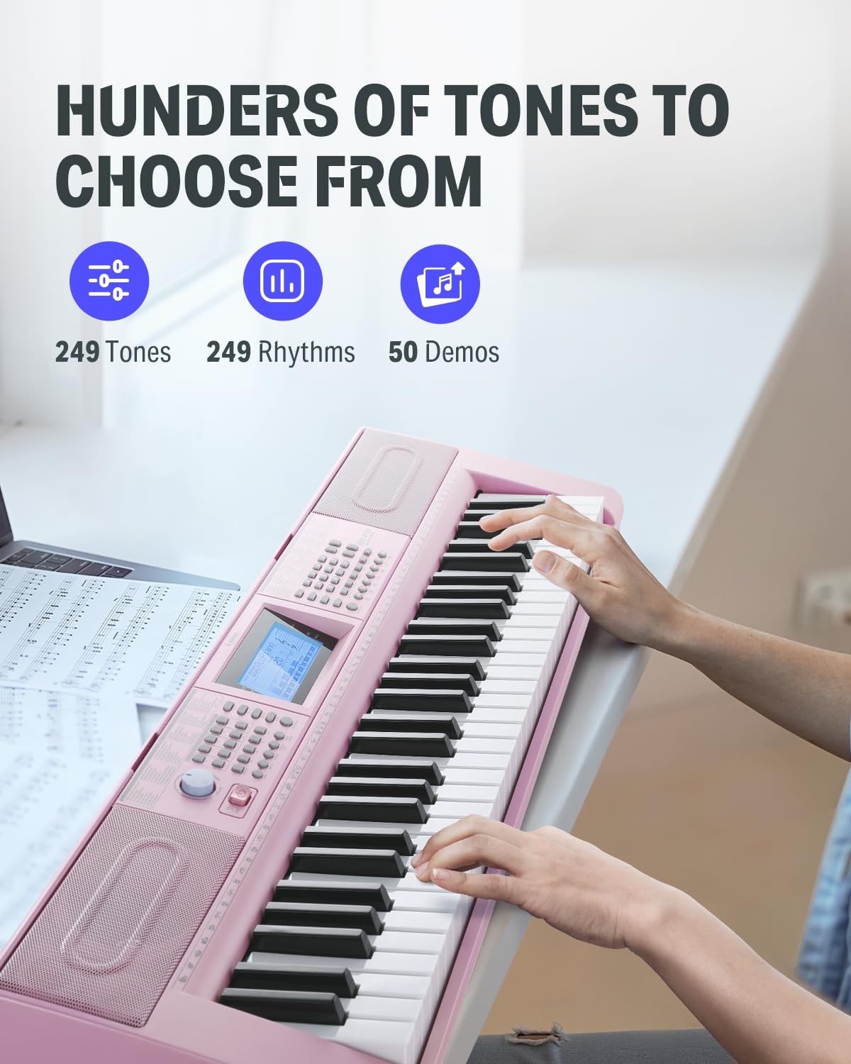 Donner - Teclado Piano de 61 teclas, kit de teclado eléctrico con 249 voces, 249 ritmos, incluye soporte para piano, taburete, micrófono, regalo para principiantes, rosa (DEK-610S)