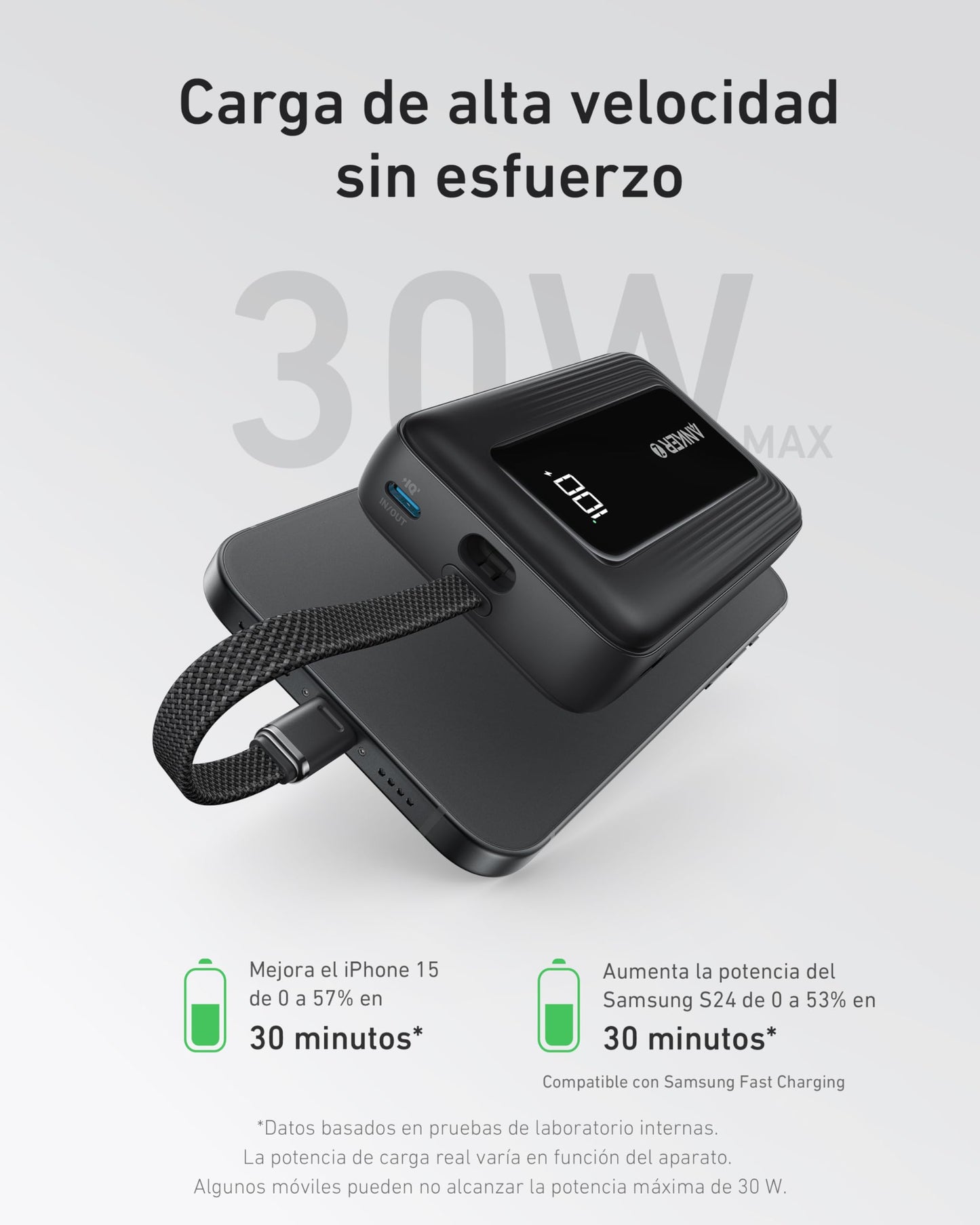 Power Bank Anker Zolo 10,000 mAh 30W con Cable USB C Integrado para iPhone, MacBook, Galaxy e iPad