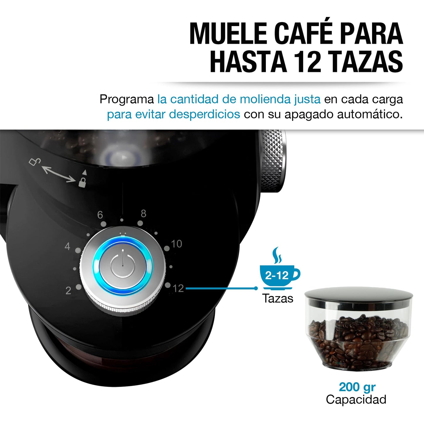 CASA LITUS Molino de Café Eléctrico Profesional 200gr, Moledor de Café en Grano 18 Niveles de Molienda: Espresso, Prensa Francesa, Cafetera, Cafetera Italiana (Moka), Cuchillas de Acero Inoxidable
