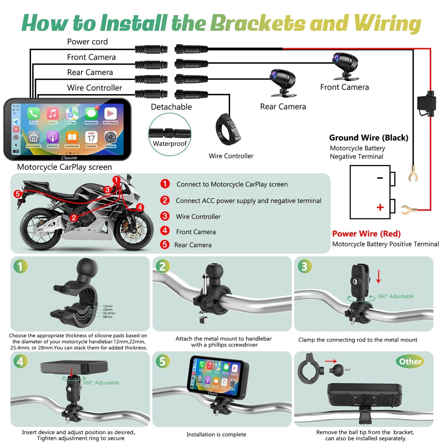 Carpuride W603D - visualización GPS Carplay para motocicleta, inalámbrica CarPlay y Android Auto para Moto, con cámaras duales HD 1080P, control remoto, visualización táctil impermeable de 6.3