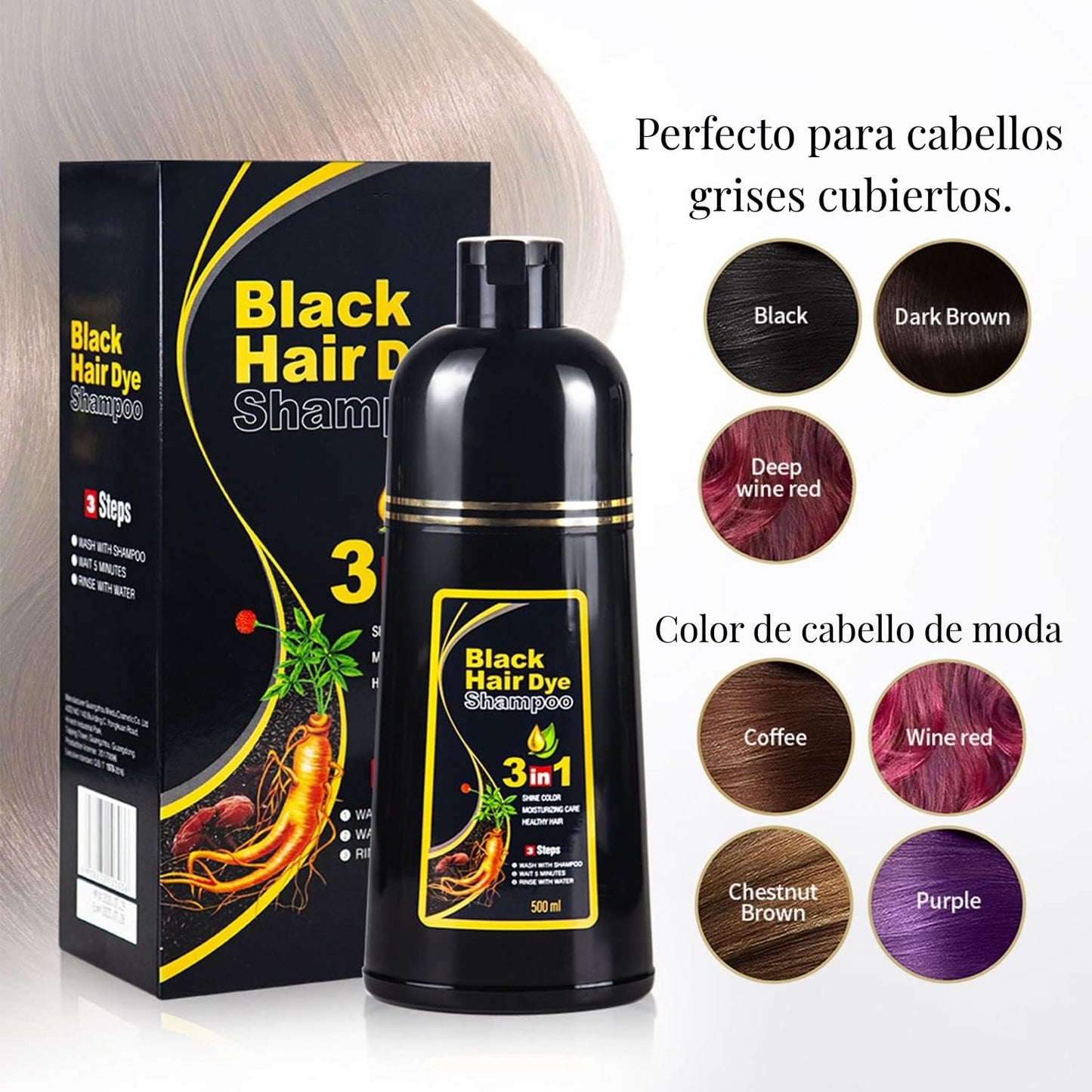 Champú Instant Hair Color para Cabello,Champú para Teñir el Cabello,Cobertura 100% de Canas,Champú para Teñir el Cabello Negro 3 en 1,Coloración a Base de Hierbas en Minutos para Mujeres y Hombres,Castaño Marron