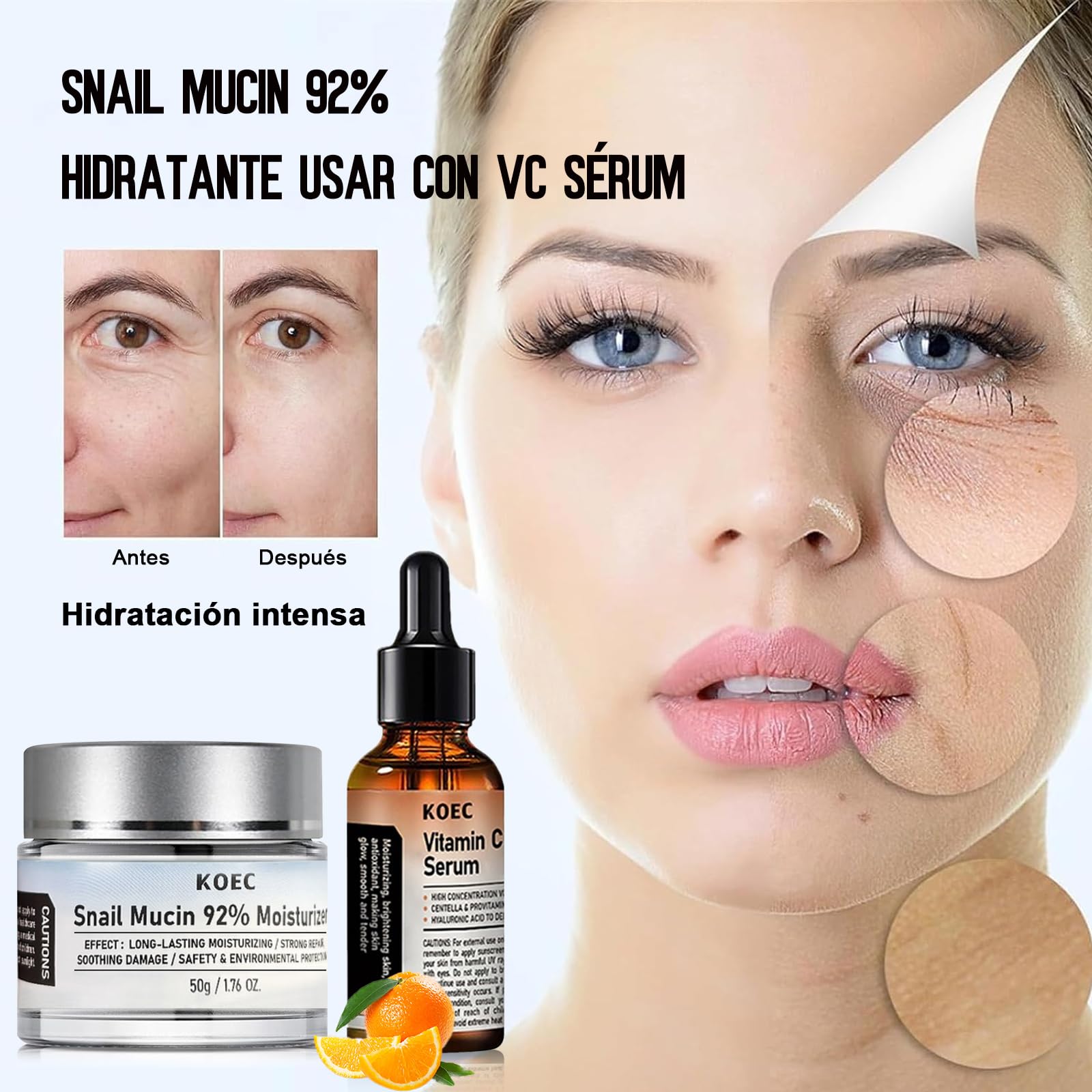 Crema De Baba De Caracol Original, VC Serum Facial, 2PCS, Snail Mucin 92%, Crema de Gel Facial Reparadora Hidratante, Crema Hidratante Facial Diario, Hidratación Duradera, para Todo Tipo de Pieles