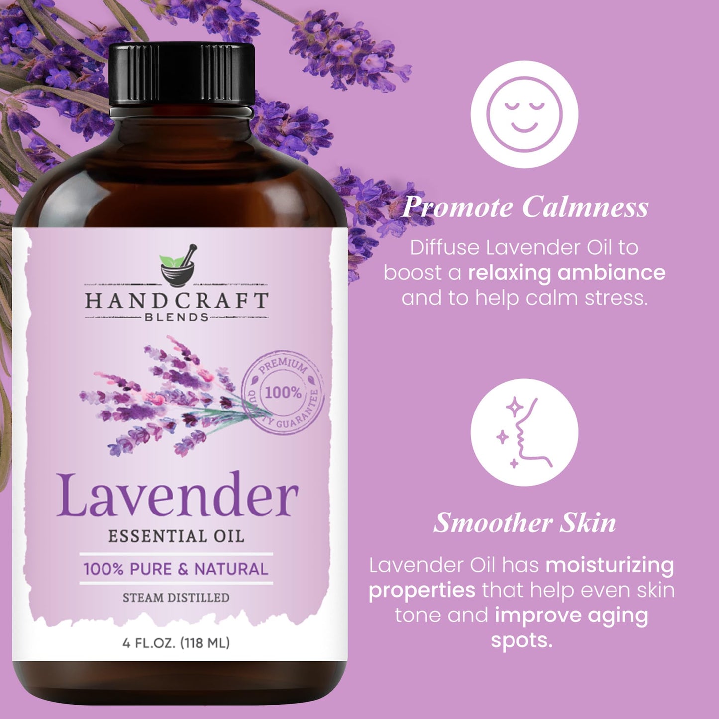 Handcraft Lavender Essential Oil - Huge 4 OZ - 100% Pure & Natural â€" Premium Therapeutic Grade with Premium Glass Dropper