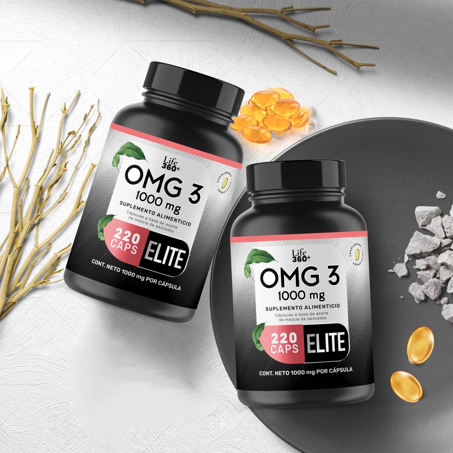 LIFE 360+ Omega 3 Aceite puro de salmón con 1000mg | 220 Cápsulas | Aceite de Salmón, Anchoa, Linaza, Cártamo, Mackerel Alto (con EPA y DHA, Omega 6 y Omega 9) | Suplemento Alimenticio OMG 3 | 220 Cápsulas por Envase