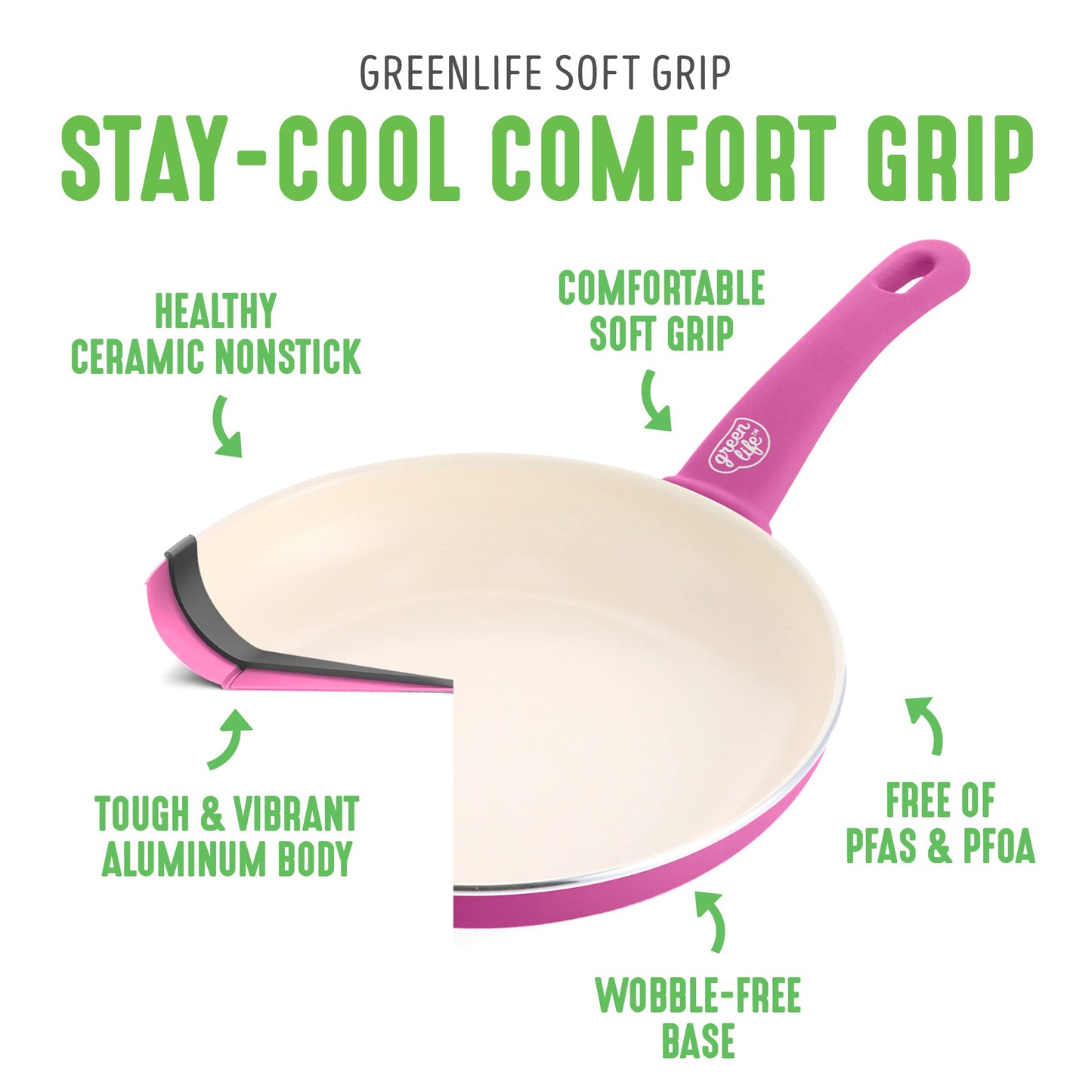GreenLife - Juego de cacerolas antiadherentes de cerámica Soft Grip Healthy con tapas, 1 y 2 cuartos de galón, rosa brillante
