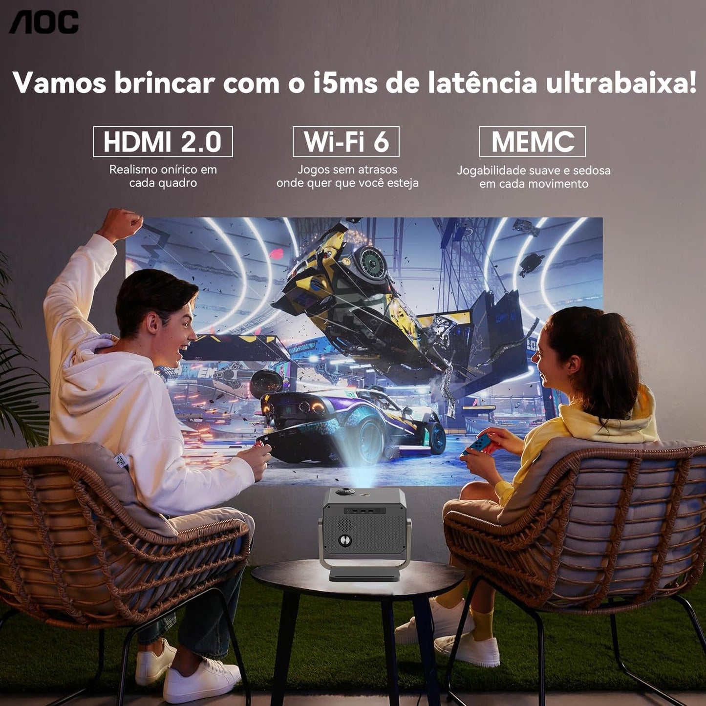 AOC Proyector 4K portátil Full HD, Enfoque automático/correção Keystone/ângulo ajustável, com WiFi6 e Bluetooth, 15000 lúmens, compatível com IOS/Android/PC/PS4/PS5 para trabalho e jogos
