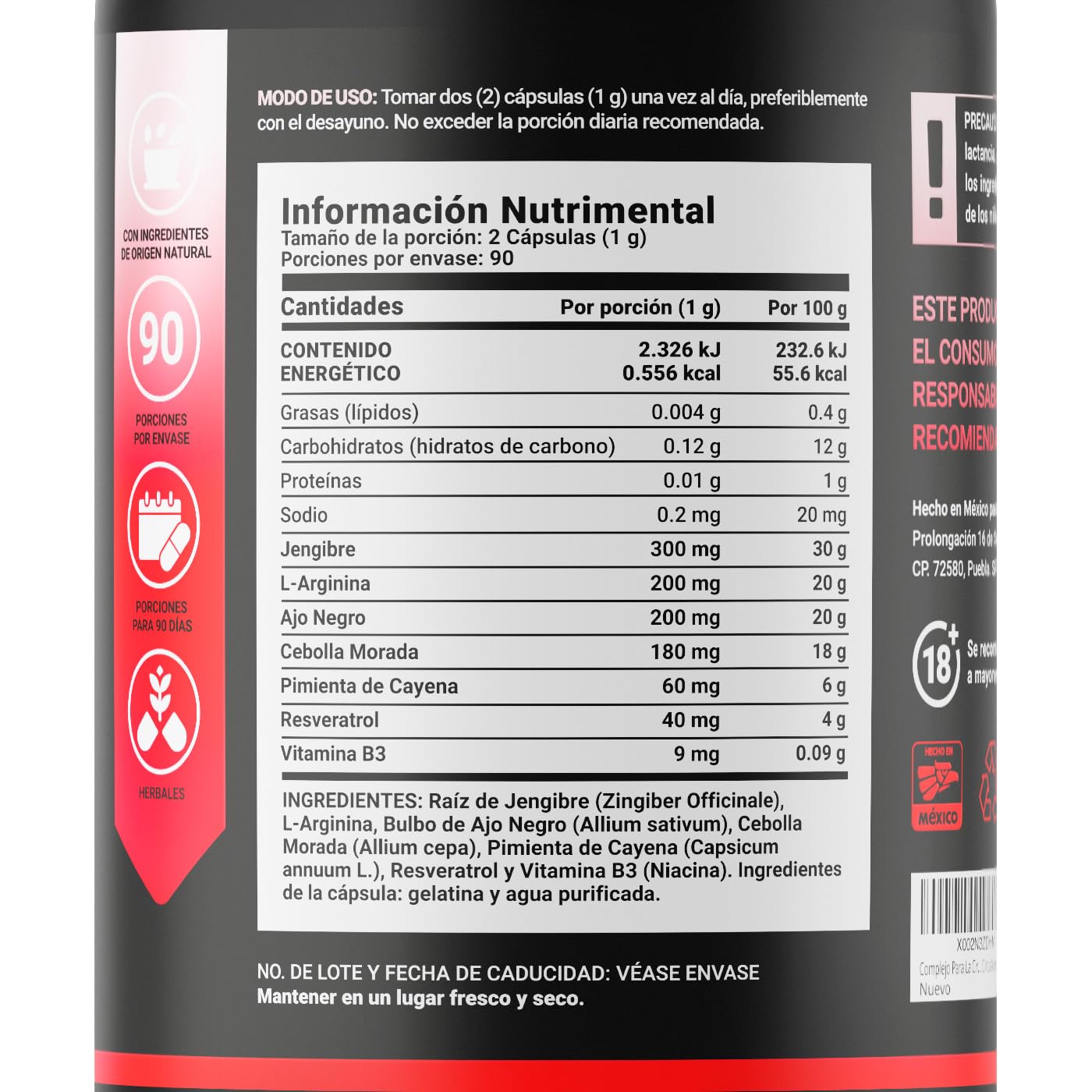 B Life Company Venflow Blend de 180 cápsulas. Ingredientes naturales: Jengibre, Ajo negro, Arginina, Resveratrol, Vitamina B3, Cebolla Morada y Pimienta de Cayena. Venflow Blend.