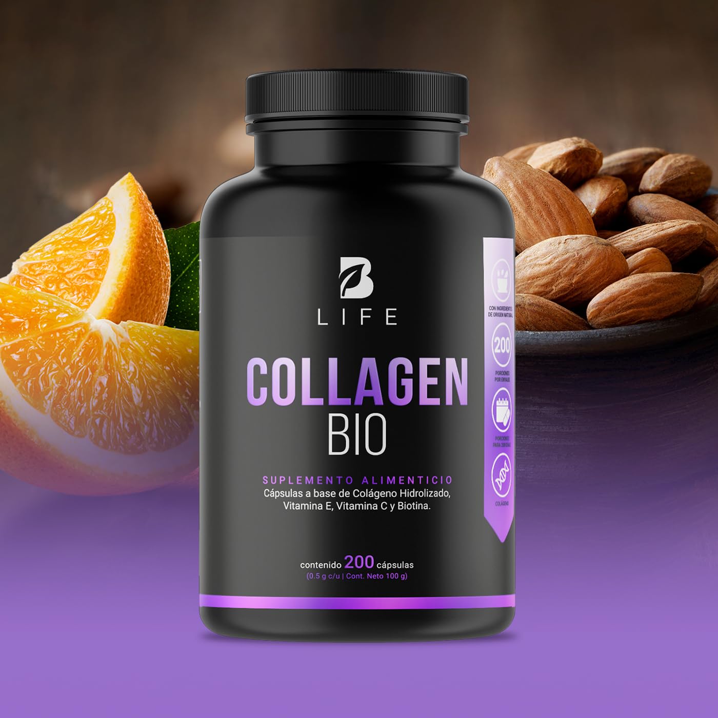 Biotina de 200 Cápsulas. Ingredientes naturales: Colágeno, Vitamina E y Vitamina C. Collagen Bio B Life.