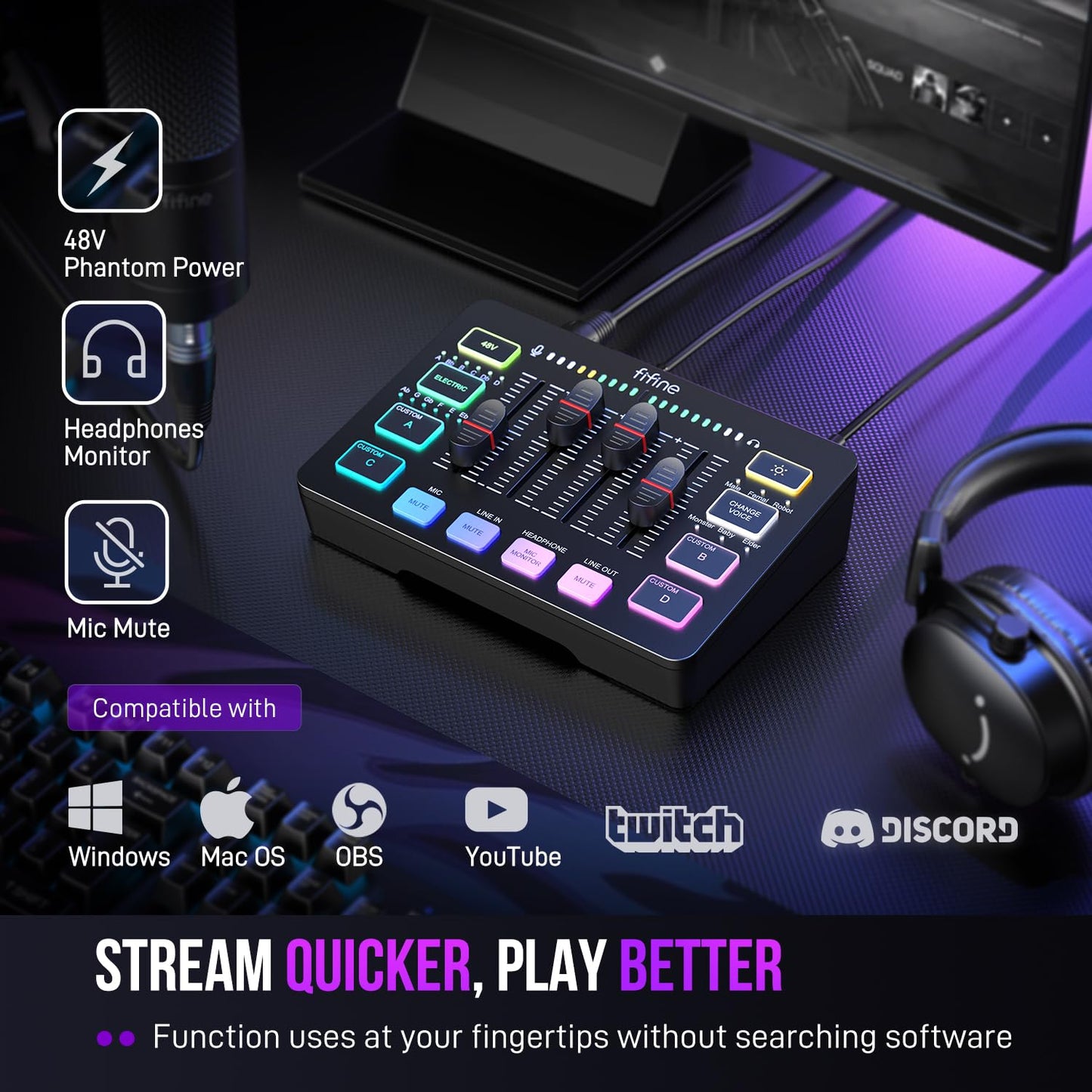 FIFINE Mezclador de Audio para Streaming, Mezclador RGB con Interfaz de Micrófono XLR, Atenuador de Volumen, Alimentación Fantasma de 48V en Mac/PC, para Voz de Gaming/Podcast/Grabación-AmpliGame SC3