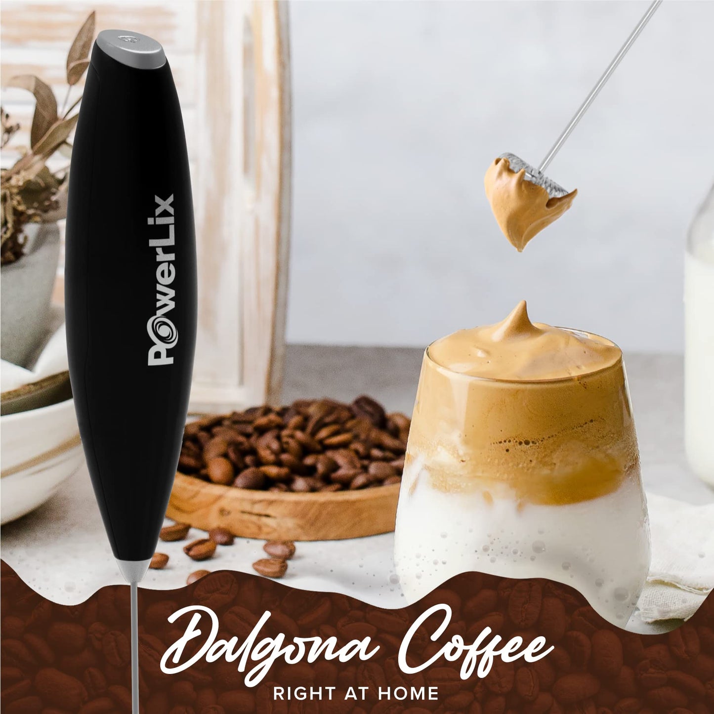 Espumador de Leche PowerLix Negro Potente de Mano con Soporte para Café
