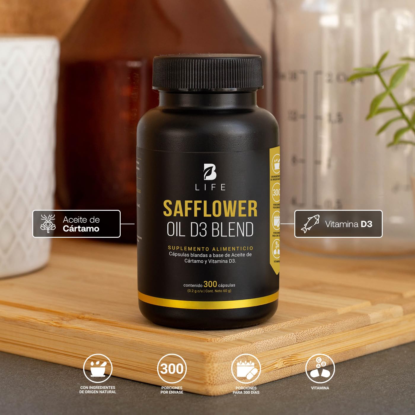 Aceite de Cártamo B Life D3+ Ingredientes Naturales 300 Softgels