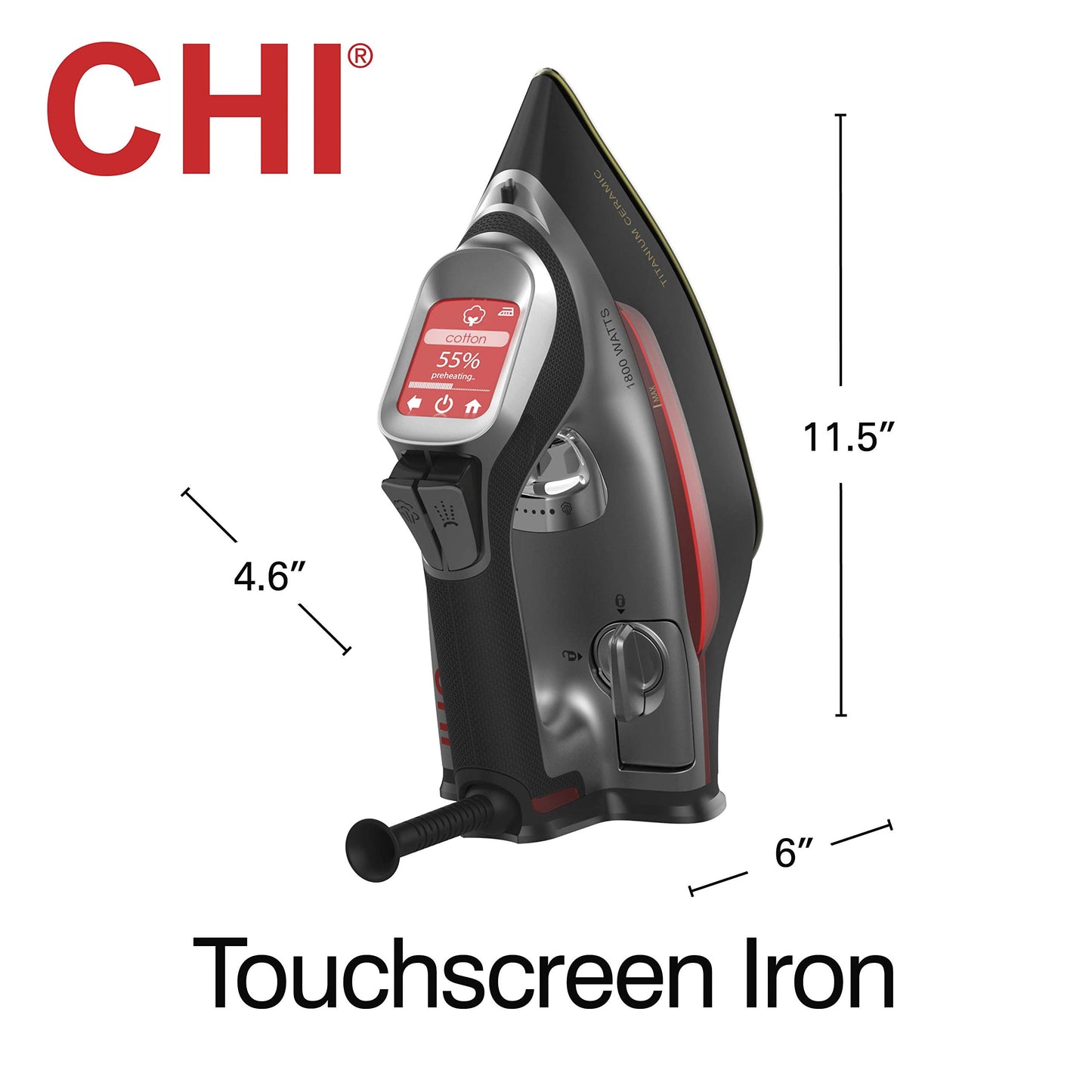 CHI Plancha de Vapor para Ropa con Suela de cerámica infundida de Titanio, más de 300 Agujeros para una Potente cocción al Vapor, Cable XL de 10 pies, Apagado automático de 3 vías, 1800 vatios,