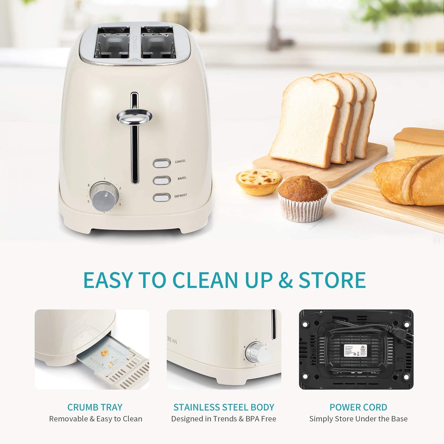 Ultrean tostador de 2 rebanadas con ranura extra ancha para tostar bagels, panes, gofres y más, material de acero inoxidable con bandeja extraíble para migas, 6 ajustes de color dorado