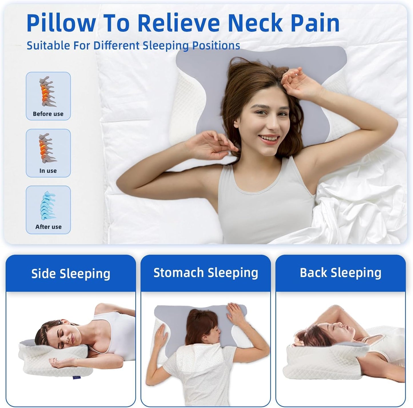 Almohada ergonómica,Almohada Cervical de Espuma con Memoria 2en1,Almohada Ortopedica,Contorno para Dolor de Cuello y Hombro,Almohadas de Soporte Contorneadas para Dormidores de Lado Espalda Estómago.