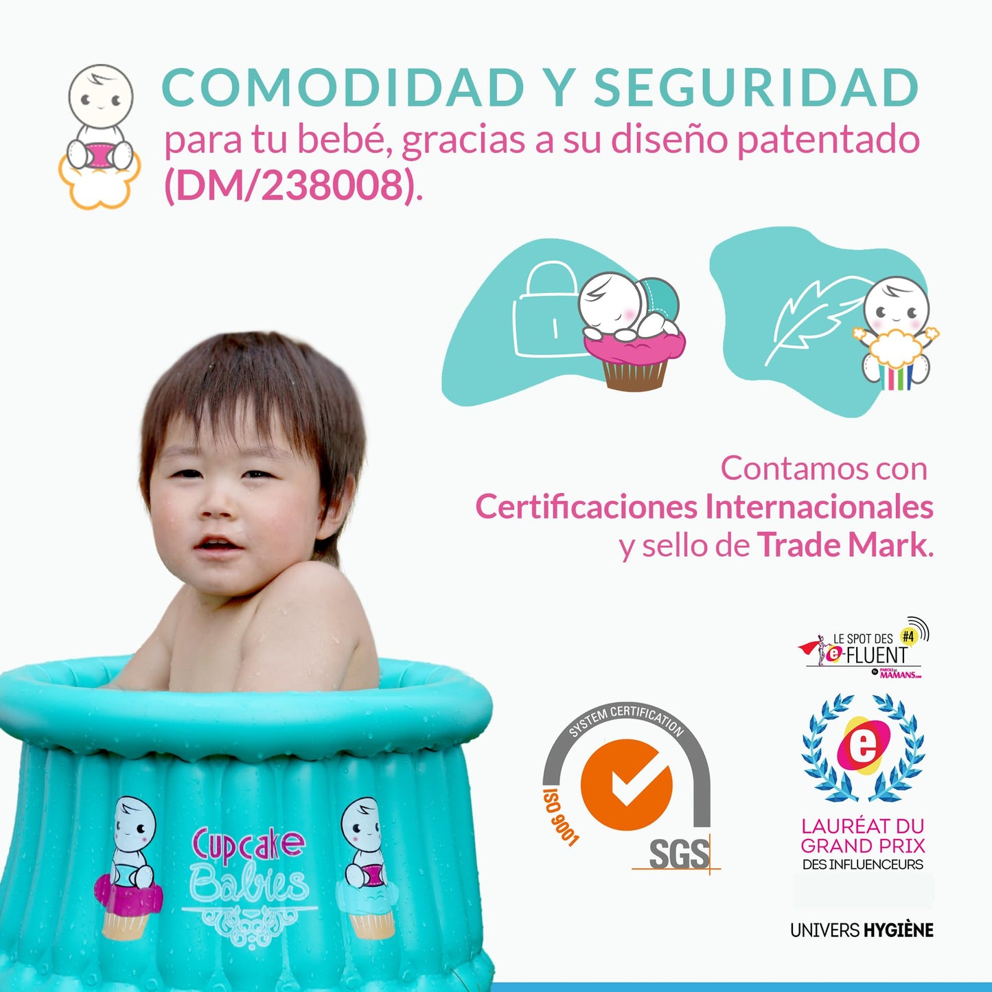 Cupcake Babies Set Especial de Bañera para Bebe Inflable Turquesa | Navidad | Ideal para Regalos Navideños Recién Nacidos hasta 12 Meses | Incluye Toalla, Bolso de Viaje, Pato de Juguete y Compresor