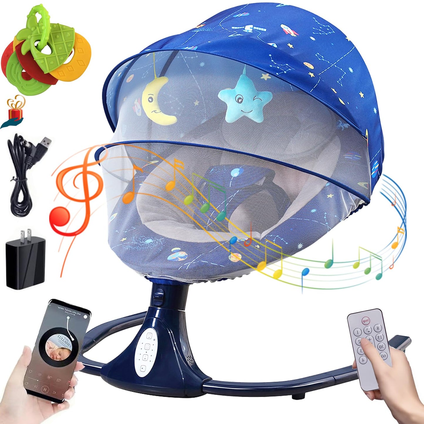 Mecedora Eléctrica AMIARYA Azul Estrellado con Mando a Distancia y Bluetooth para Bebé