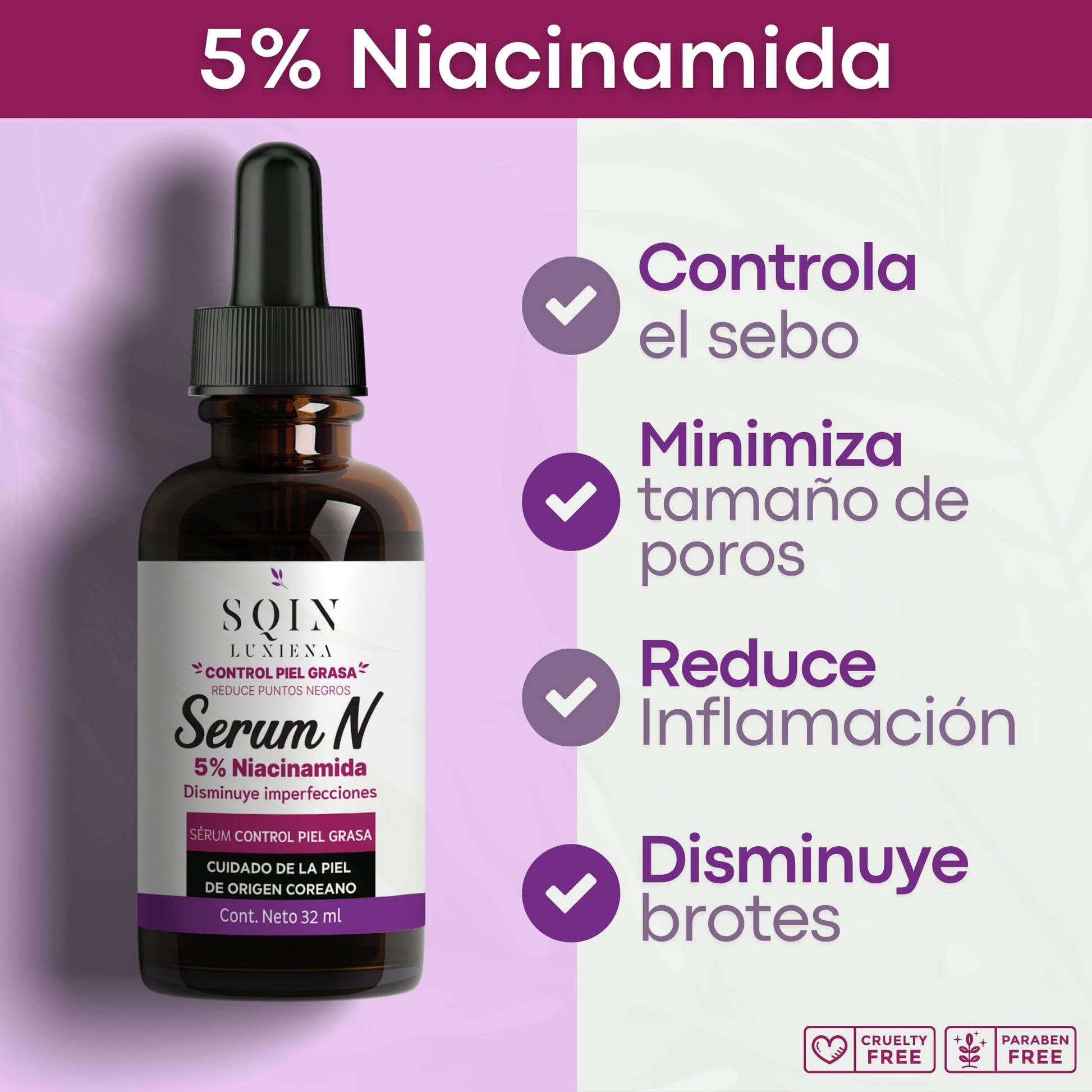 Sqin Luxiena Korean Serum de Niacinamida, Vitamina E y Ácido Hialurónico Facial, Suero Facial Control Piel Grasa, Reduce Poros, Puntos Negros y Mejora la Textura, Coreano Skincare Vegano 32 ml.